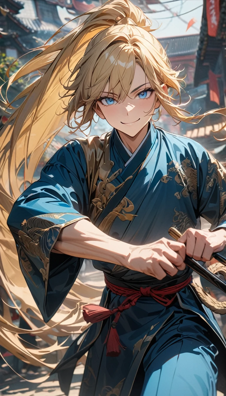 adult guy, long blonde hair, high ponytail, blue eyes, turquoise Chinese shirt, golden elements, blue pants, smile, martial arts master, drunken master, Masterpiece, best quality, Full HD, 8k, ultra details, great graphic