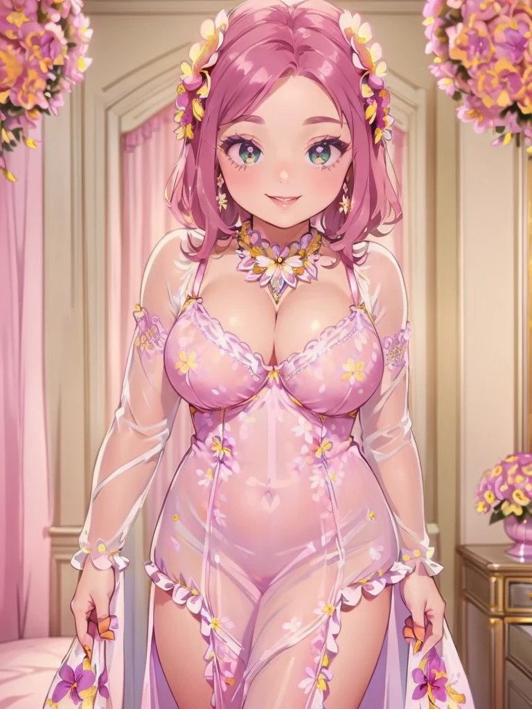 A beautiful and hot almost chubby mature woman.who is wearing a patterned short dress and is and standing in bedroom. A smiling face、Sexy woman、A radiant smile、adorable、race、Frills、Colorful design、Full-length mirror、An inviting gaze、Gorgeous long and beautiful hairstyle、variation Hairstyle、Open neck blouse、Flower Garden、(flower:1.5)、Full body photo、((Delicately decorated dress))、1 person, (((Super cute room)))、(((Super cute and luxurious decorative lingerie)))、(((Luxury Jewelry)))
