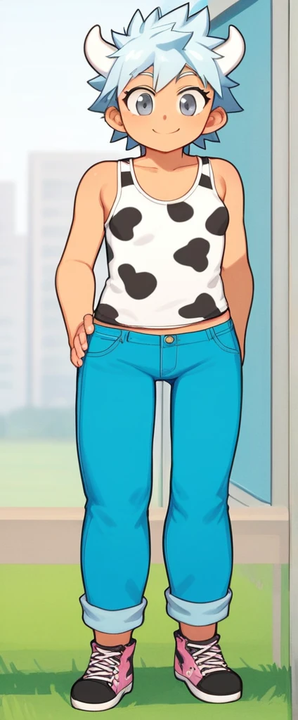score_9, score_8_up, source_anime, masterpiece, best quality, BREAK 1girl, white horns, white spiked hair, grey eyes, small breasts, smile, pants, cow print tank top, jeans, meadow