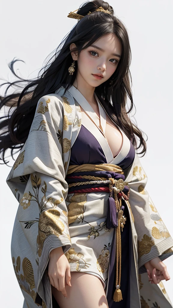 master piece,　best quality,　ultra detailed,　photorealistic,　voluptuous,　1 young girl,　fair skin,　pale skin,　long hair,　black hair,　smile,　mega breasts,　gorgeous bluck kimono,　cowboy shot,　looking up,　white background,　A gorgeous black and gold patterned kimono：1.2,　No exposed skin、Purple Cape、Holding a Japanese sword、samurai、