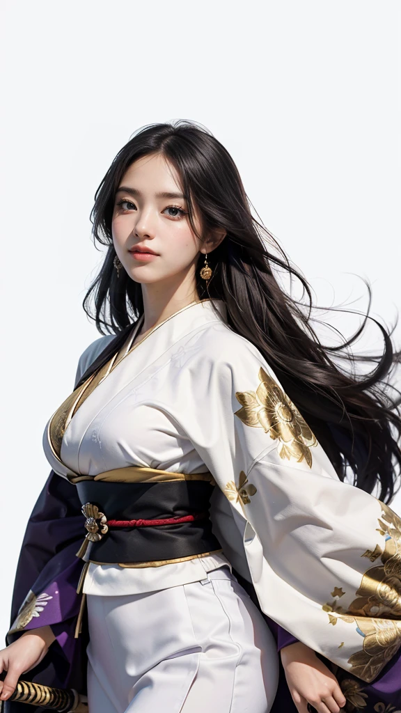 master piece,　best quality,　ultra detailed,　photorealistic,　voluptuous,　1 young girl,　fair skin,　pale skin,　long hair,　black hair,　smile,　mega breasts,　gorgeous bluck kimono,　cowboy shot,　looking up,　white background,　A gorgeous black and gold patterned kimono：1.2,　No exposed skin、Purple Cape、Holding a Japanese sword、samurai、