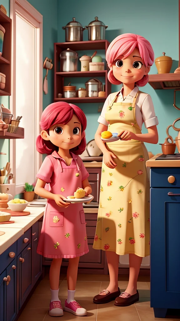 An image of Rina and her mother working together in their small kitchen, with cake batter, baking trays, and a simple oven.