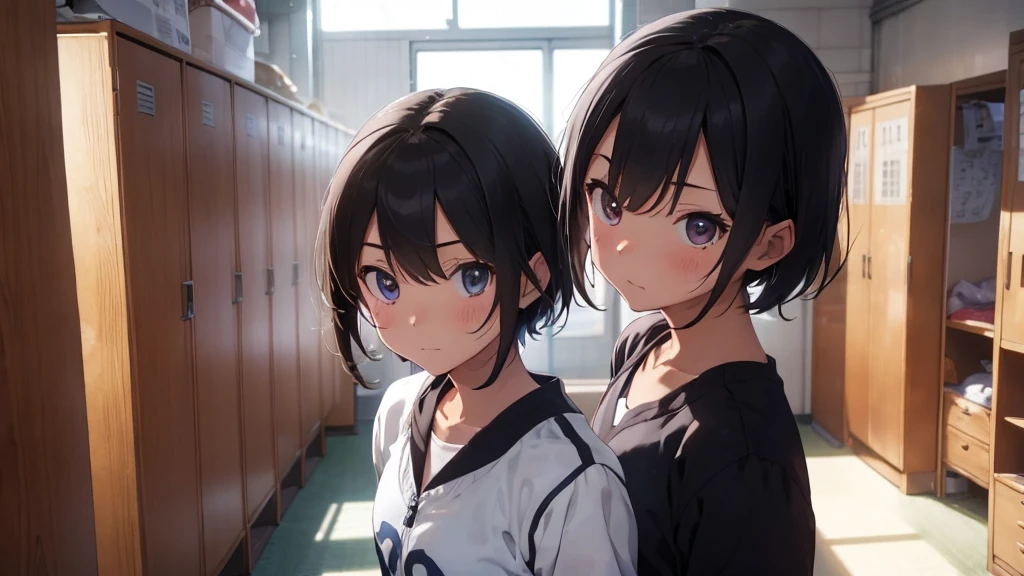Best god quality, SOLO, solo girl, detailed, a highschool locker room, Japanese foot lockers, Japanese school, (((SOLO))), (girl standing in middle) 1girl, tomboy, short hair, black hair, bright eyes, eyelashes, sweating, school track suit, running sorts, standing, looking at viewer, facing viewer, annoyed, blushing, hands in pockets, indoors
