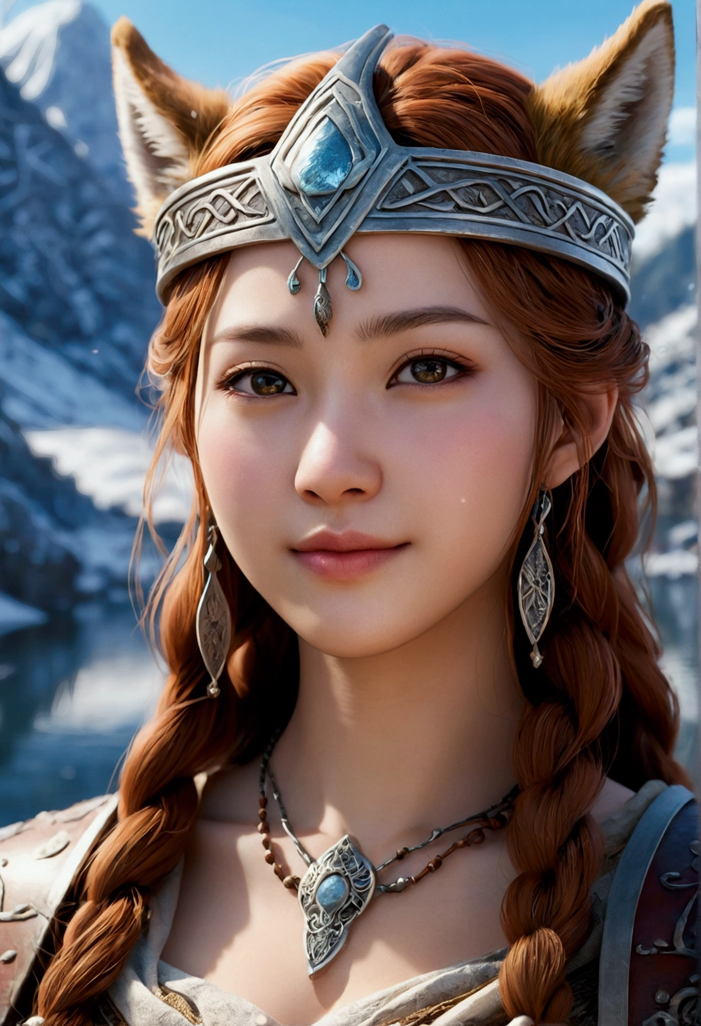 Lakeside surrounded by snowy mountains、Hair Flow、 ((Highest quality、masterpiece、8k、Best image quality、Ultra-high resolution、Award-winning works)、(Accurate ???????:1.1)、(Look at me and smile:1.1)、Shining fair skin with Ultra-high resolution、The most detailed face、Ultra-high resolution detailed face、Ultra-high resolutionの髪の毛、(Ultra-high resolutionの煌めく瞳:1.1)、Beautiful face drawn in every detail、Ancient Viking clothing, Chest to chest, tattoo, A real wolf is by your side