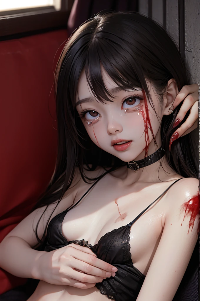 Highest quality, masterpiece, look up, cute,(Horror),(((少女の美しいzombie))),(zombie),(This girl is dead),Trying to bite,(((Bleeding,Injured))),(((Shedding tears of blood))),((口からBleeding)),((Covered in blood)),(A body covered in wounds),((zombieに身体中を噛みつかれた)),((Sexy)),(sexy),((Small breasts)),(Baby Face),(Middle school students),(((Masturbation))),((semen)),Beautiful Style,(((Lower body exposed))),((Pale skin)),(Sensual look),Sexy表情,Expressions of delight,Crazy Smile,((Ahegao)),(Dark atmosphere),(Dark atmosphere,fear),((Dim lighting))