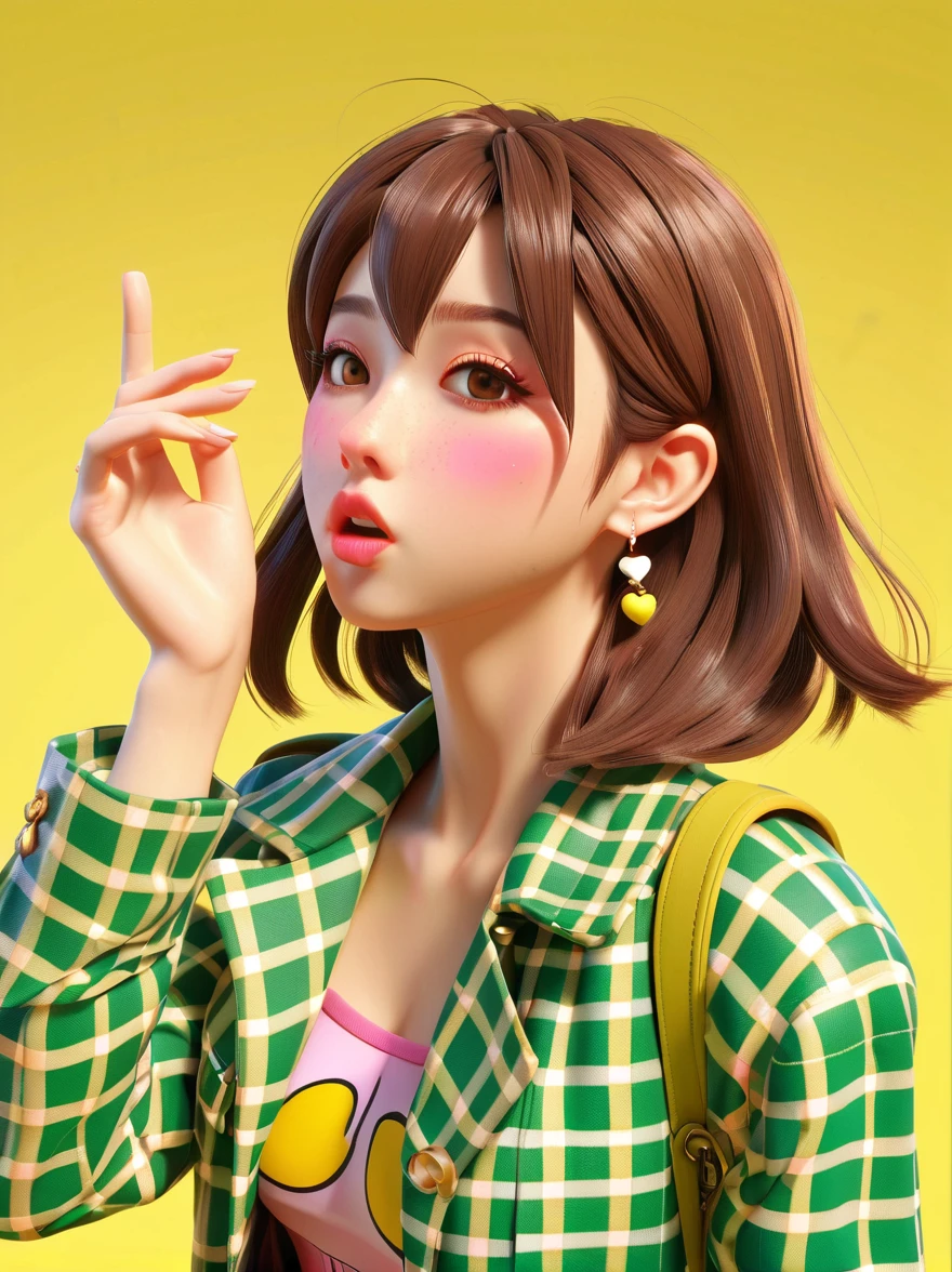 masterpiece，3D anime style girl with brown hair in a checkered outfit and green jacket. She has a pink nose ring and is blowing a kiss for the camera against a yellow background, created in the style of unreal engine, Cartoon Style, (((full-body shot))), Super Detail, Anatomically correct, masterpiece, precise