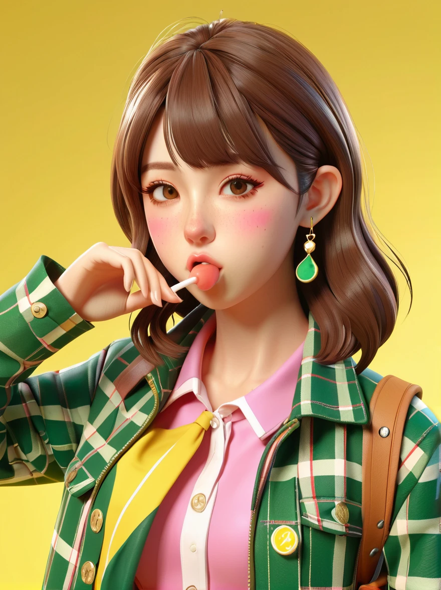 masterpiece,3D anime style girl with brown hair in a checkered outfit and green jacket. She has a pink nose ring and is blowing a kiss for the camera against a yellow background, created in the style of unreal engine, Cartoon Style, (((full-body shot))), Super Detail, Anatomically correct, masterpiece, precise