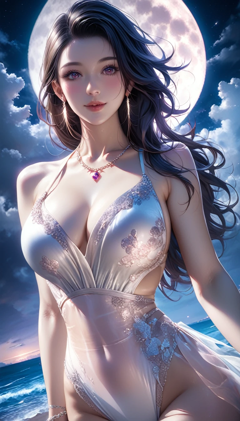 score_9, score_8_superior, score_7_superior, A masterpiece in 32K resolution,Highest quality,it is really amazing,Very detailed,Ultra-high resolution,(Ultra-realistic:1.1),(Realistic:1.1),Increased depth of field,Cinematic lighting,
Elegant Japanese MILF,
Long black hair,Ultra-detailed and beautiful face,Translucent white skin,Realistic skin texture,
(Sexy Swimwear:1.1),
Bold design,Artistic design,Beautiful and detailed pattern,Detailed fabric texture,
Gorgeous necklace,Earrings,
Coastline at night,(Giant Moon:1.4),(Dark clouds floating in the dark night sky:1.4),
(Cinematic Angle:1.1),