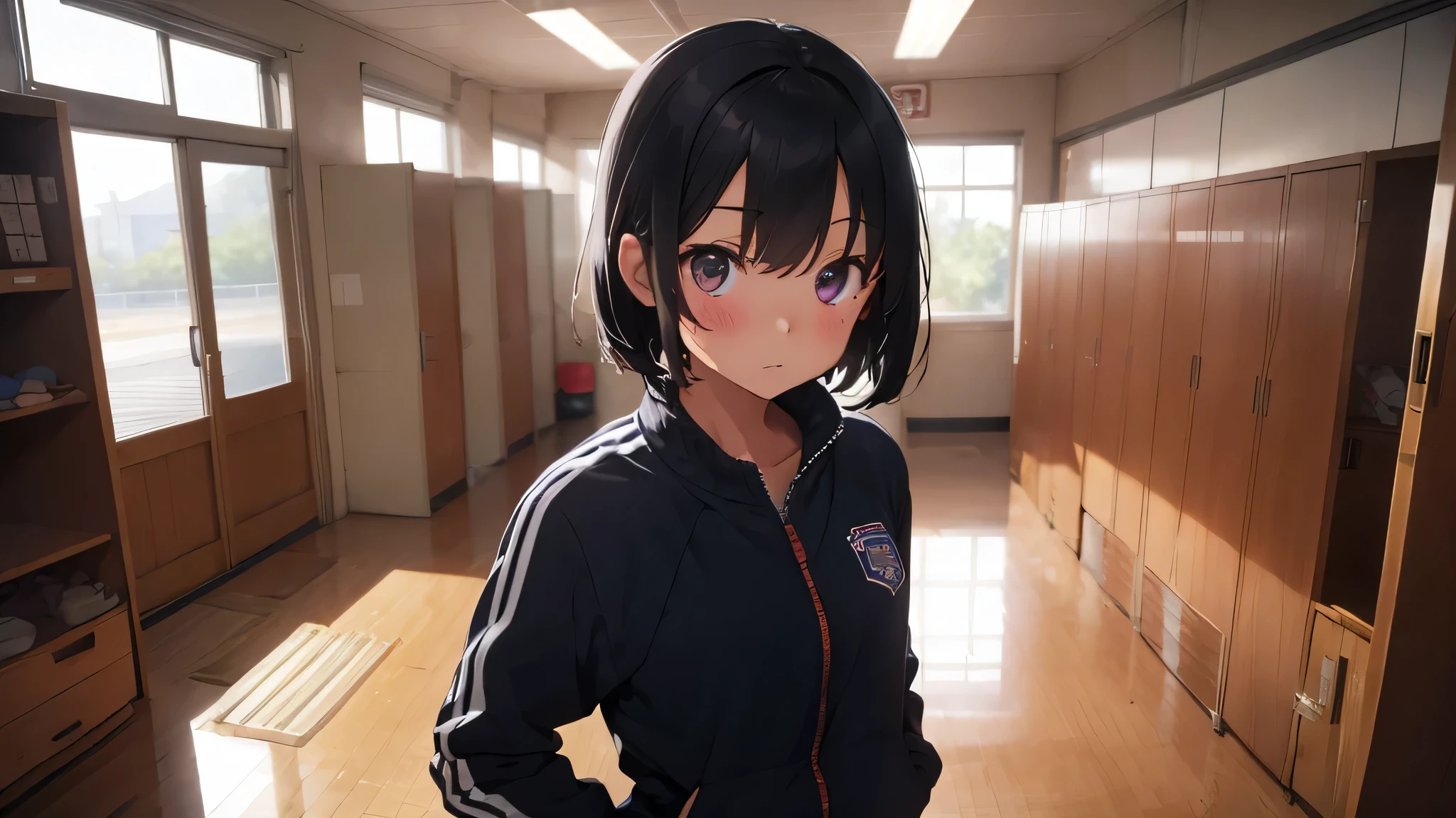 Best god quality, SOLO, solo girl, detailed, a highschool locker room, Japanese foot lockers, Japanese school, (((SOLO))), (girl standing in middle) 1girl, tomboy, short hair, black hair, bright eyes, eyelashes, sweating, school track suit, running sorts, standing, looking at viewer, facing viewer, annoyed, blushing, hands in pockets, indoors