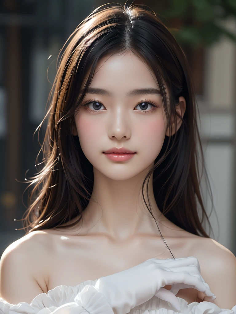 ,(topless:1.2),Korean,Realistic, masterpiece, Final details, photo Realistic, Intricate details, Octane Rendering, 8k, One girl, Perfect face, Beautiful Face, nswf Japanese, Trough Reference, Hair Details,, black 弓, black gloves, clavicle, dress, Drill Hair, Frills, Frills, gloves, Gwen, High resolution, Long Hair, Lips parted, smile, alone, white dress, Oilskin,