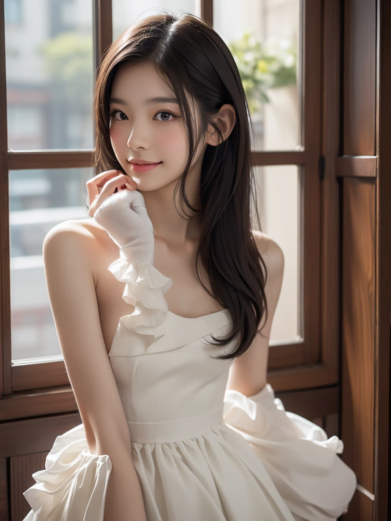 a lot of details, (underweight), 30 years old, detailed black hair, beautiful detailed hair, super fucking beautiful, delicate beautiful face, complex details beautiful and delicate eyes, perfect hands, (flat chest best quality:1.5), perfect and delicate limbs, detailed skin, best quality, ultra-detailed,(cheerful grin:1.3),
dramatic angle, from below, standing on one leg, sweat, electric bass, wave at the edge of dress, (holding weapon), beautiful long dress, cream Clothes,live house, on stage, lighting,