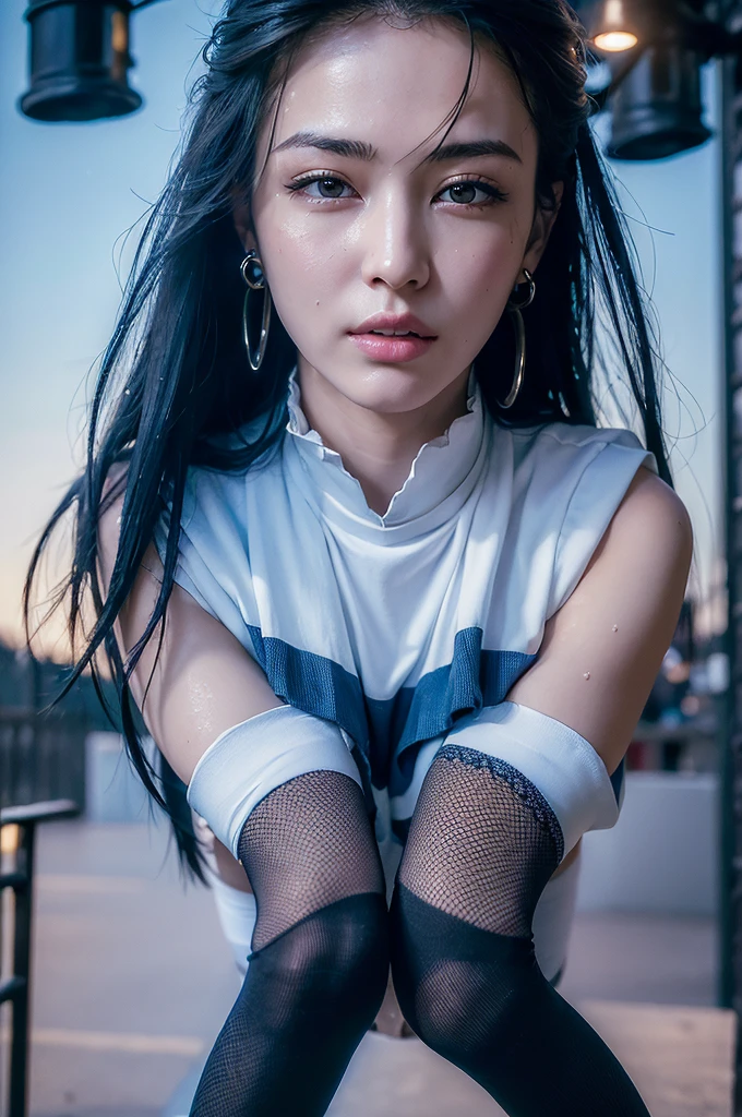 (masterpiece:1.4),(Highest quality:1.4),超High resolution,((Detailed facial features)),High resolution,8k resolution,One girl,blue sky,Street lamp, (Shiny),shirt,Earrings,Large Breasts, Wet Skin,(Knee socks:1.3),View your viewers