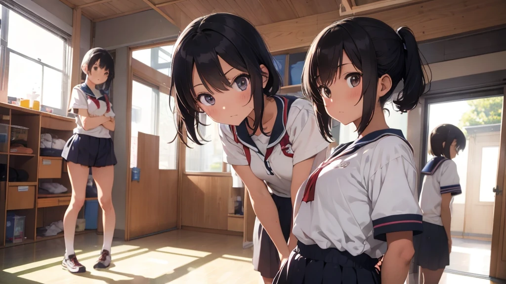 Best god quality, SOLO, solo girl, detailed, a highschool locker room, Japanese foot lockers, Japanese school, (((SOLO))), (girl standing in middle) 1girl, tomboy, short hair, black hair, bright eyes, eyelashes, sweating, school track uniform, running shorts, standing, looking at viewer, facing viewer, annoyed, blushing, hands in pockets, indoors