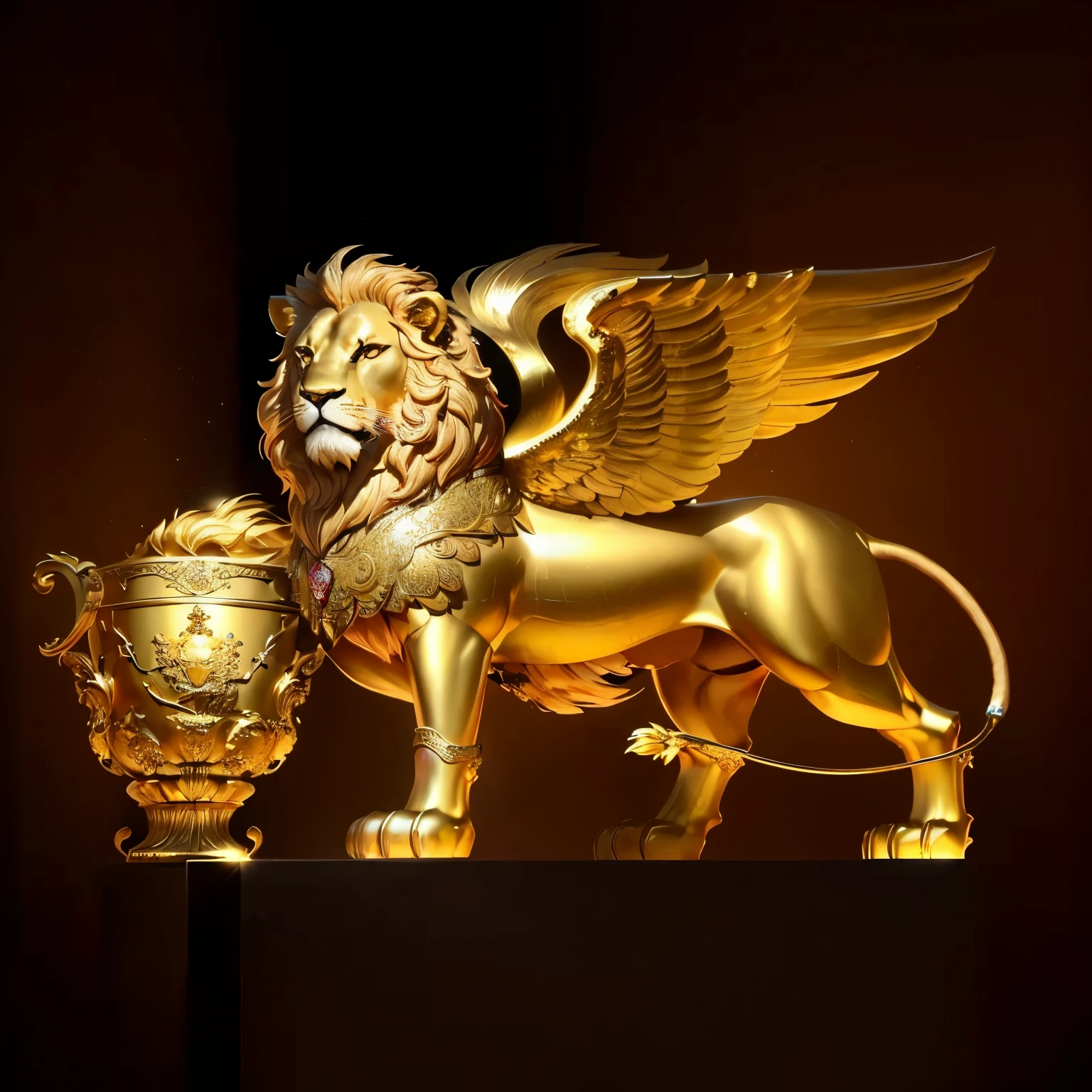 High quality details，金色lion，there is a gold statue of a lion with wings holding a cup, venice biennale's golden lion, Sculpture made of gold, Golden Nobles, author：Travel in Kana, black lion with peacock wings, lion, lion body, lionardo davinchi, lion with crown, Gold decoration, author：Li Kan, Animal statues