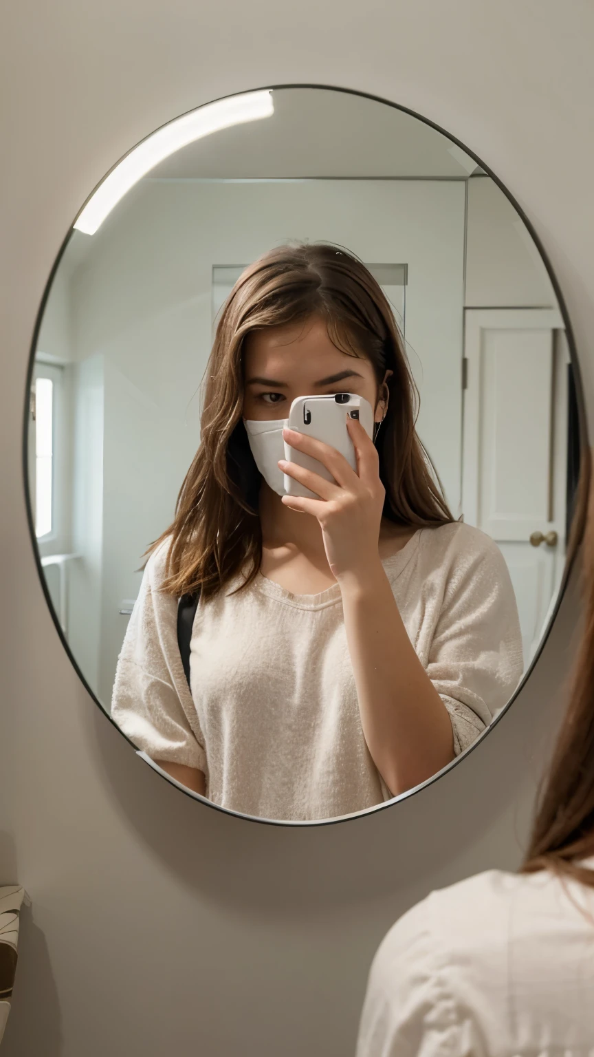 generate a photo of a girl taking a photo she is standing , Looking into a mirror she covers her face with her cell phone taking care of the detail in her fingers , generate more hyperrealistic quality , 8k , take care of details