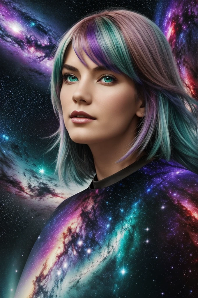 retrato de rosto e ombro, obra prima, extremamente detalhado, outer space, estrelas, Nebulosas, galaxias, Planetas, uma bela mulher, Super Villain, Gigantic in outer space, corpo lindo, com poderes cosmicos, sombria, 8K ultra detalhado, realista
