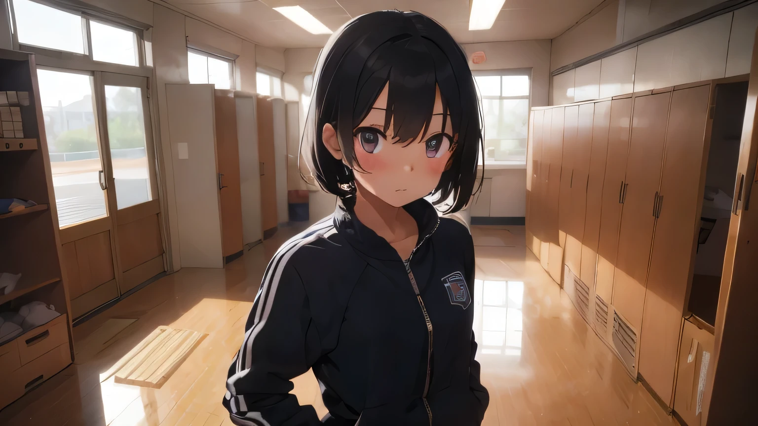 Best god quality, SOLO, solo girl, detailed, a highschool locker room, Japanese foot lockers, Japanese school, (((SOLO))), (girl standing in middle) 1girl, tomboy, short hair, black hair, bright eyes, eyelashes, sweating, school track suit, running sorts, standing, looking at viewer, facing viewer, annoyed, blushing, hands in pockets, indoors