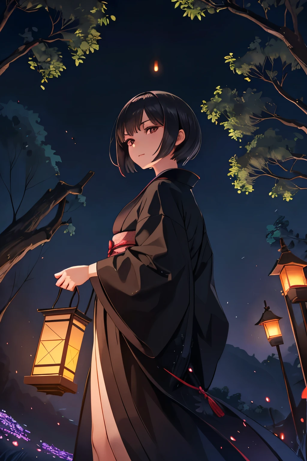 1woman, shortcut hair, show the back of her head, black kimono, standing backward with lantern, (from below, low angle shot:1.5), under a willow tree, river side, dimly lit night, best quality, high resolution, ultra detailed,