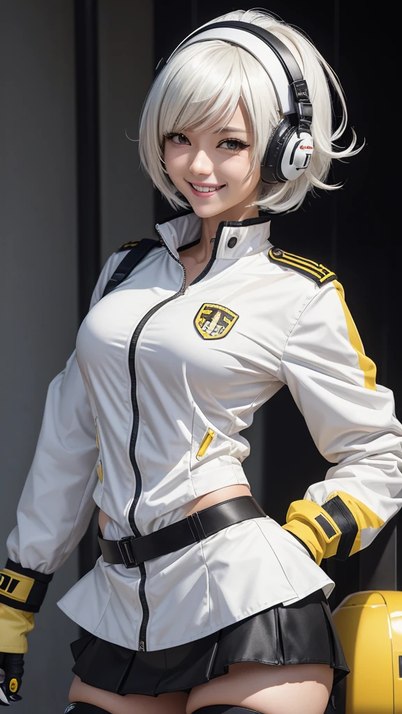 Anime, attractive woman, mecha millitary, small bust, tight padded white shirt, unbuttoned white jacket, black skirt, black and yellow accents, tech bits on her clothing, short white hair, white skin, happy, horny smile, techy hedset, yellow visor,