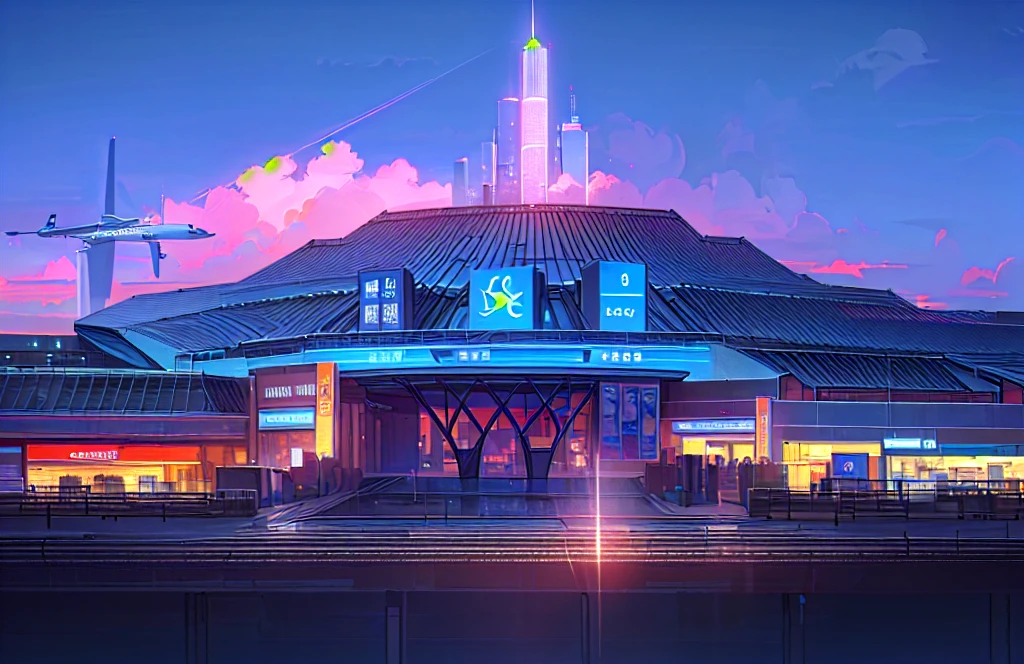 Cartoon illustration：Overlooking a building, City of the Future, Blue illustration, Future Cityscape, AIRPORT,Official illustrations, A beautiful artistic illustration, Shopping mall background, 特大City background, City background,Graphic cartoon illustration，8K cartoon illustration, 4k hd wallpaper illustration, masterpiece，High-resolution details，High Definition