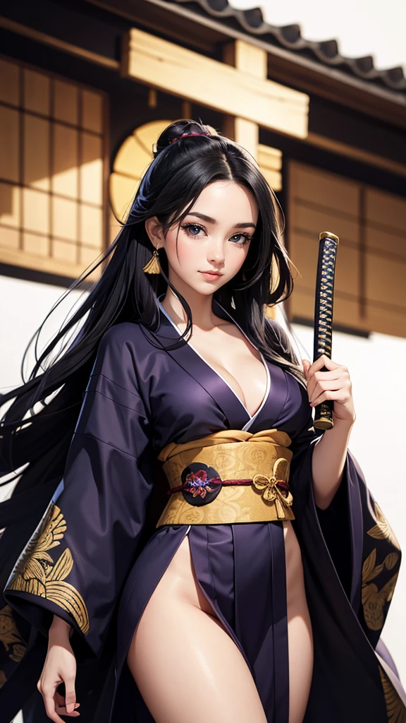 master piece, best quality, ultra detailed, photorealistic, voluptuous, 1 young girl, fair skin, pale skin, long hair, black hair, smile, mega breasts, gorgeous bluck kimono, cowboy shot, looking up, white background, A gorgeous black and gold patterned kimono:1.2, No exposed skin、Wearing a long purple scarf、Holding a Japanese sword、samurai、Black hakama、Thick eyebrows、Slit eyes