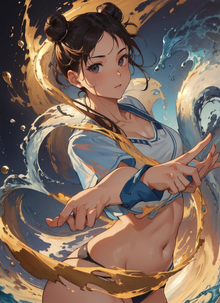 (masterpiece, Highest quality, High resolution), (figure:1.0), Highly detailed face, Perfect lighting, (Perfect hands,Perfect Anatomy), (One girl, alone:1.5), Perfect symmetrical cute face with glowing skin ,Cowboy Shot, Chunrim, Hair Bun, Double Bang, alone, compensate, Short sleeve, Wide Hips, Thick thighs, Micro Bikini