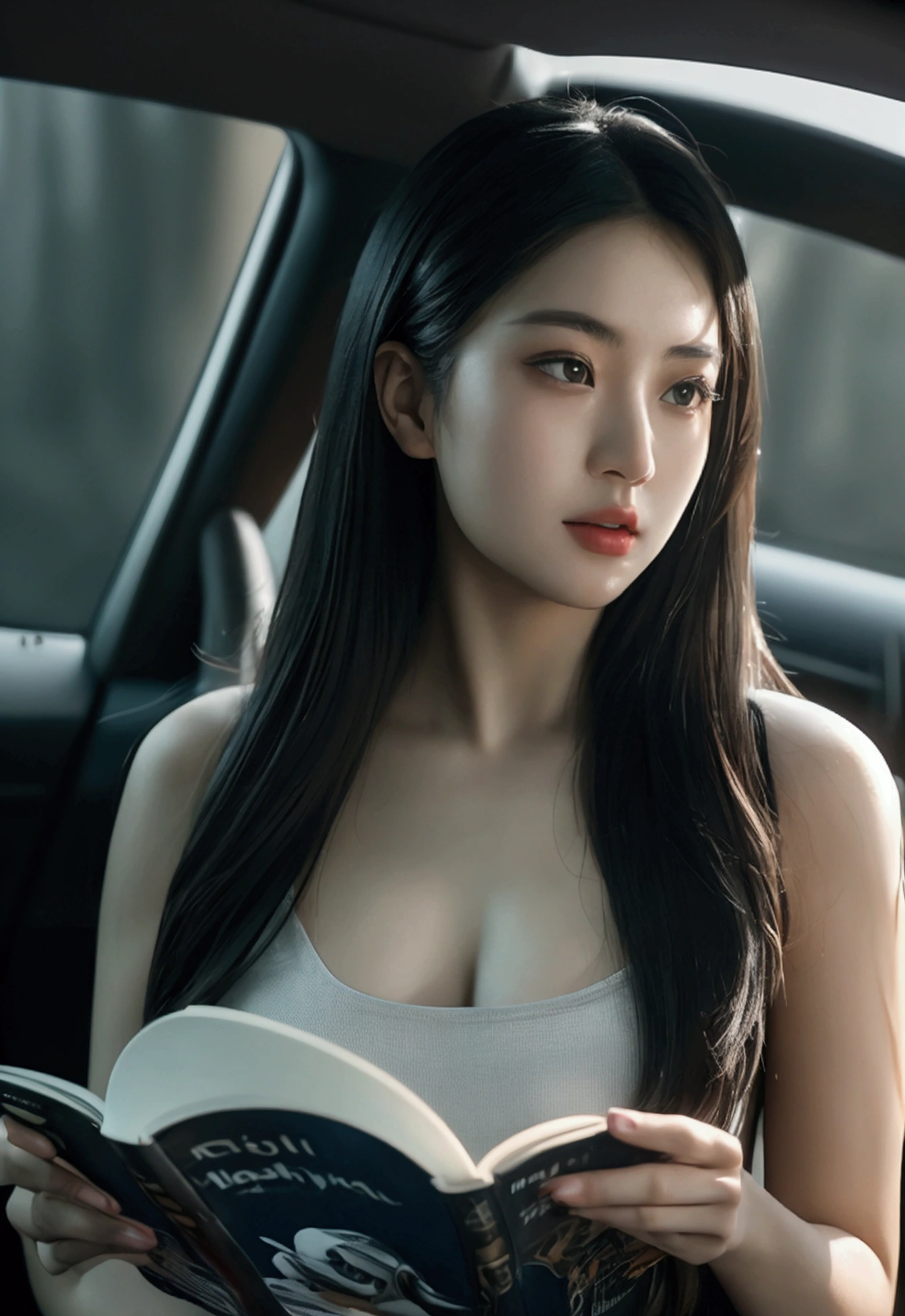 a ultra realistic photo of a a asian girl reading her book on a car, she look down at her book, while some take a picture of discretly,beautiful detailed lips, extremely detailed eyes and face, long eyelashes, realistic, photorealistic, photo-realistic:1.37, best quality, 8k, highres, masterpiece:1.2, ultra-detailed, hyper-realistic, cinematic lighting, moody atmospheric lighting, intricate details, dramatic shadows, vibrant colors, cinematic composition,realistic, photorealistic, 8k, best quality, masterpiece, ultra-detailed, vivid colors, studio lighting, physically-based rendering, professional, no blurring, maximal background detail