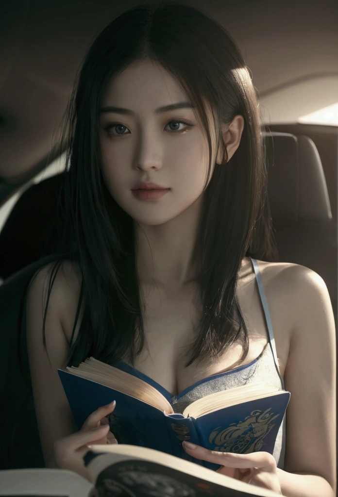a ultra realistic photo of a a asian girl reading her book on a car, she look down at her book, while some take a picture of discretly,beautiful detailed lips, extremely detailed eyes and face, long eyelashes, realistic, photorealistic, photo-realistic:1.37, best quality, 8k, highres, masterpiece:1.2, ultra-detailed, hyper-realistic, cinematic lighting, moody atmospheric lighting, intricate details, dramatic shadows, vibrant colors, cinematic composition,realistic, photorealistic, 8k, best quality, masterpiece, ultra-detailed, vivid colors, studio lighting, physically-based rendering, professional, no blurring, maximal background detail