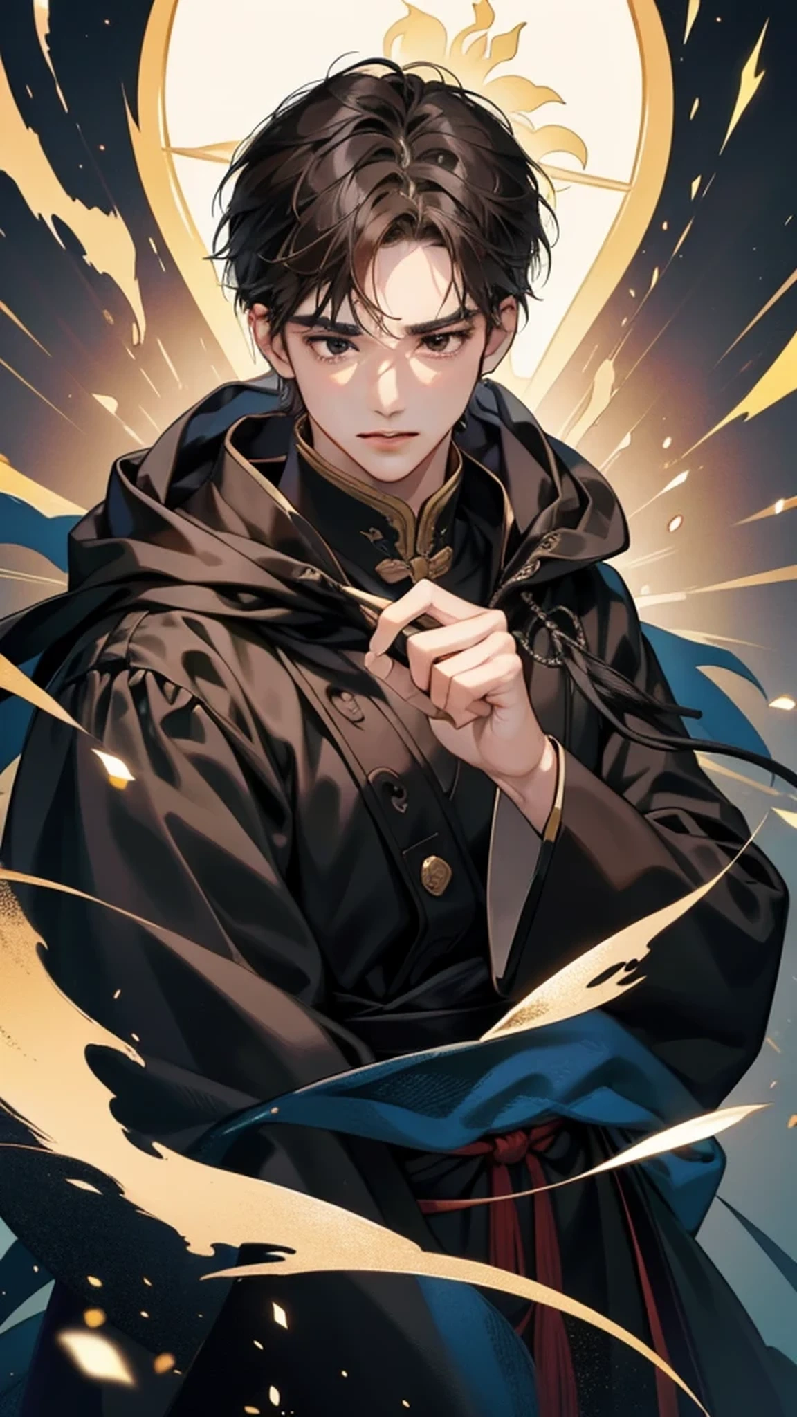masterpiece, Best of quality, Actual, 1 person, Mature male, Quiet and charming of young people, 25 years old, Fake laugh, Shut up, portrait, Extremely detailed face, A little far, ((black eyes)), ((Short dark brown hair)), [Thick eyebrows], Dark Palace, ((Long black cloak)), (of), ((full black)), Handsome of male