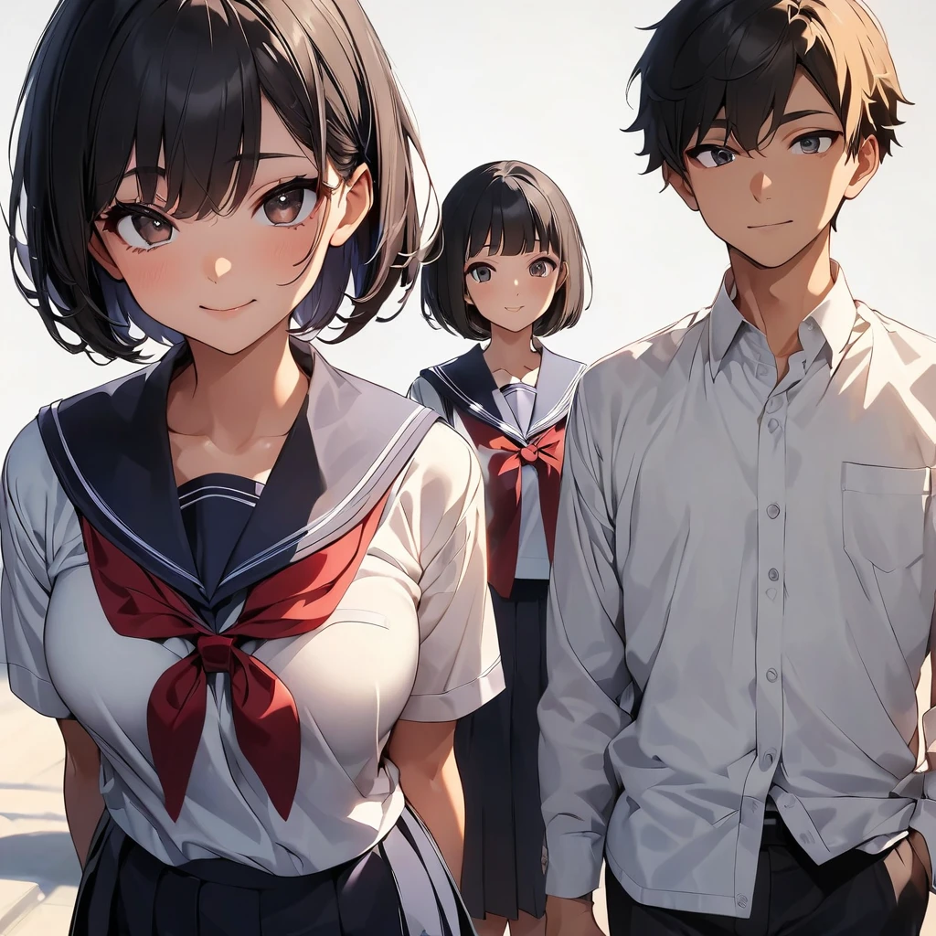 (highest quality:1.2, Very detailed, up to date, Vibrant, Ultra-high resolution, High Contrast, masterpiece:1.2, highest quality, Best aesthetics), anime, whole body, multiple people、(two girls and 1 boy:1.5), (two girls are standing on either side of the boy:1), they are 20-years-old, wearing high-school uniform, (one girl on the left ((Japanese, 20-years-old, Narrow space between the eyes, Big slant eyes, Small Nose, gold hair, Medium long wavy hair, tall, medium Breasts, sexy, slim, school uniform) and one boy in center (Japanese, 20-years-old, tall, slim, male,black hair,brown eyes) and one girl on the right (Japanese, 20-years-old, Narrow space between the eyes, Big slant eyes, Small Nose, black Hair, short cut, bob cut, medium Breasts, slim, school uniform)), (No background:1.3), ((Plain white background:1.3)), standing side by side apart, look at viewer