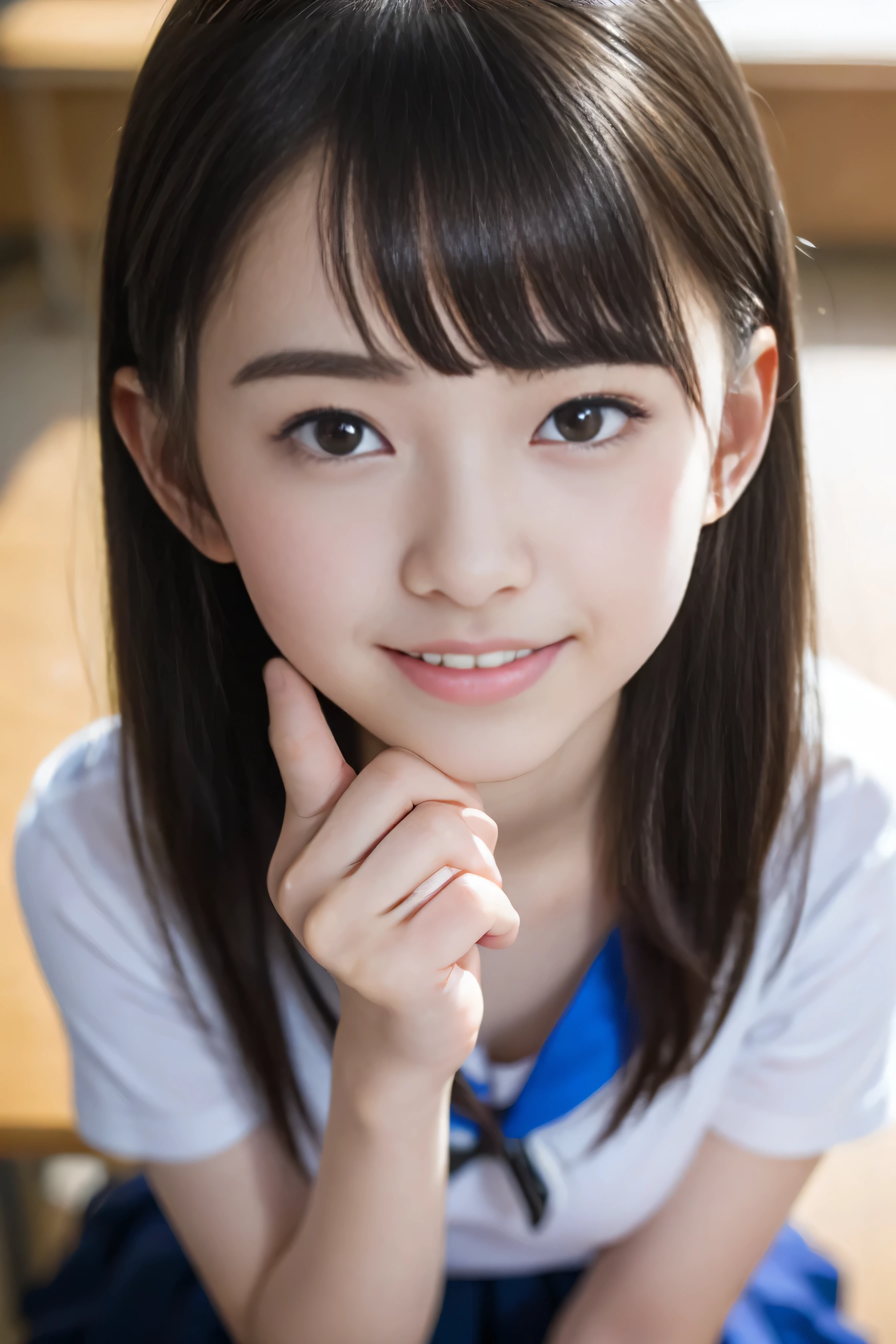 (masterpiece, Highest quality:1.2), 8k, Young and beautiful girl, 85mm,Official AR RAW Photos, Baby Face、Big Breasts、Show me your ears、photo shoot, Cute Face, Thighs, Classroom after school, Looking at the audience, Embarrassing、smile、No makeup, Film Grain, chromatic aberration, Sharp focus, Face Light, Bright lighting, 10 generations, Detailed face, Background Blur、((((((15-year-old high school girl))))))、Tight waist、Sailor suit、Dark blue mini skirt, Random Pause, Cleavage, Photo taken from above,