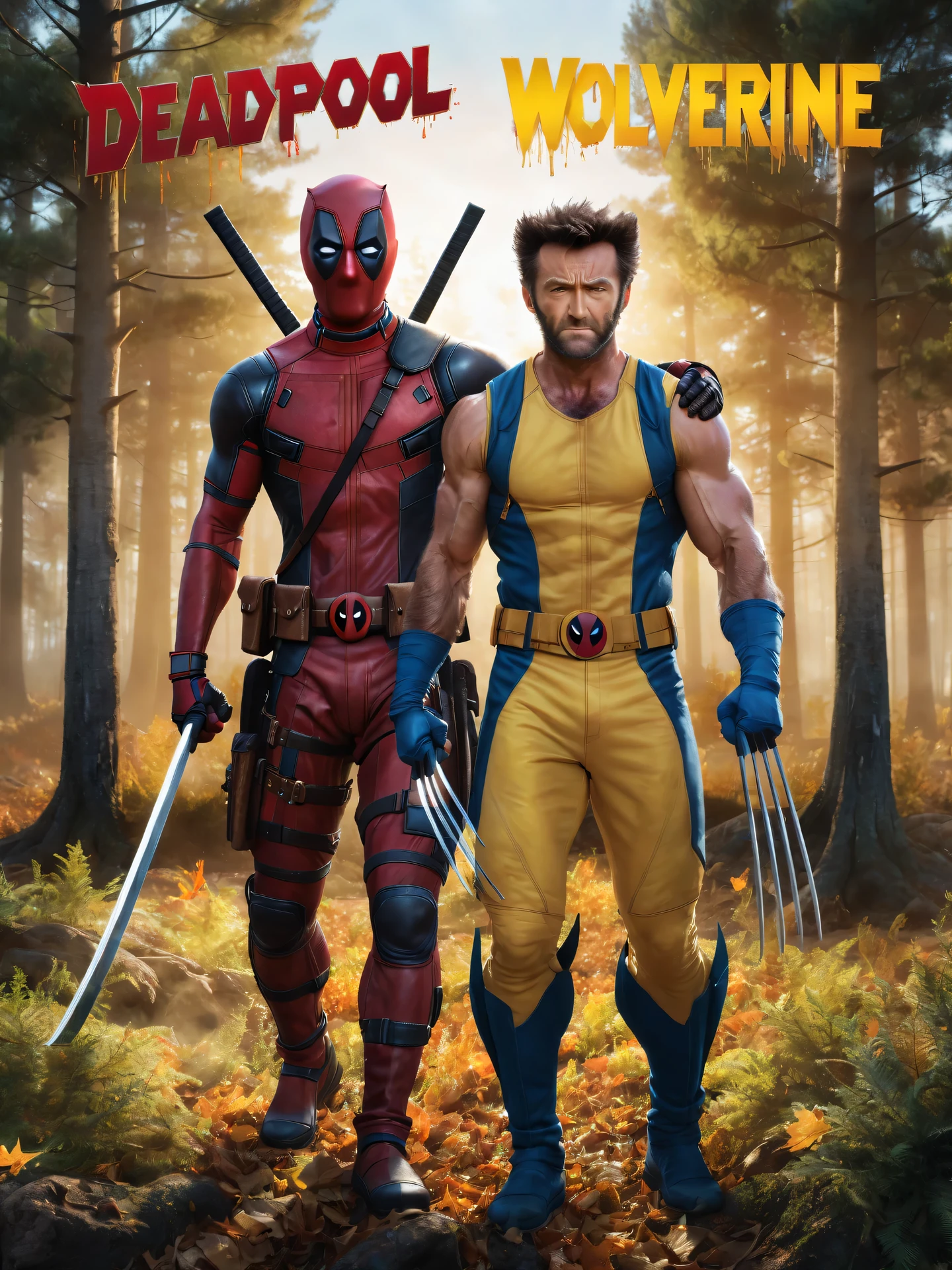 (detailed portrait of Deadpool and Wolverine:1.4), 1boy and 1man, pine forest background, detailed environment, autumn leaves, sunbeams, cinematic lighting, dramatic pose, intense action, volumetric fog, hyperrealistic, 8k, photorealistic, highly detailed, intricate details, vibrant colors