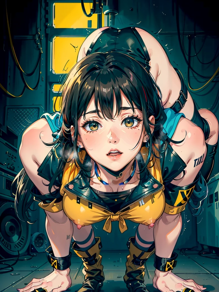 (NSFW, Tomboy Girl Having Sex With A Man:1.4, vaginal penetration:1.4),(1girl, 1man) medium tits,colorful,yellow eyes,cyberpunk,city,peace sign,earrings,purple hair,eye patche,freckles,prothesis,mechanic,neon,beautiful lighting,purple reflection,cap,smoking,character focus,cg illustration,bust shot,yellow and black outfit,brown hair, tomboy, makeup , long boots , heels, gatner belt, short top, sockings, model pose, open mouth , ahegao , tongue drop, bending , lying on knees on floor, dansing club toilet
