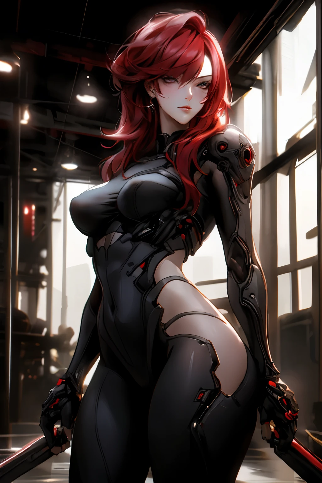 ((best quality)), ((masterpiece)), (detailed), Photorealistic, high resolution, mature woman, Image of a beautiful cyberpunk woman, เหมือนจริง, Hips up, jewelry, Curtain Bangs, red hair, White eyes, หน้าอกใหญ่, HDR (high dynamic range), After processing, Anisotropic filtration,depth of field, Maximum clarity and clarity, multi-layered surface, perfect proportions, 8K raw files, กระโปรงสั้น, natural lighting, soft lighting, sunlight, cyberpunk city, detailed anatomy, Cyber Samurai, cybog