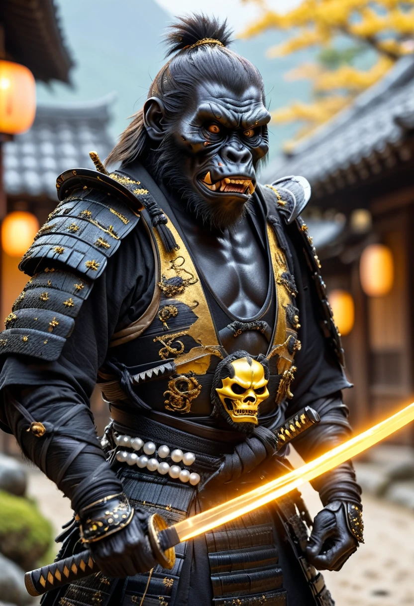 action photo, realistic digital photo, Angry anthropomorphic black ape samurai pulls out a glowing magic katana from the sheath, black with black wooden armor, Samurai Pearls, yellow daemon samurai mask, standing in an ancient Japanese village, ultra HD, 8K, insane details, 