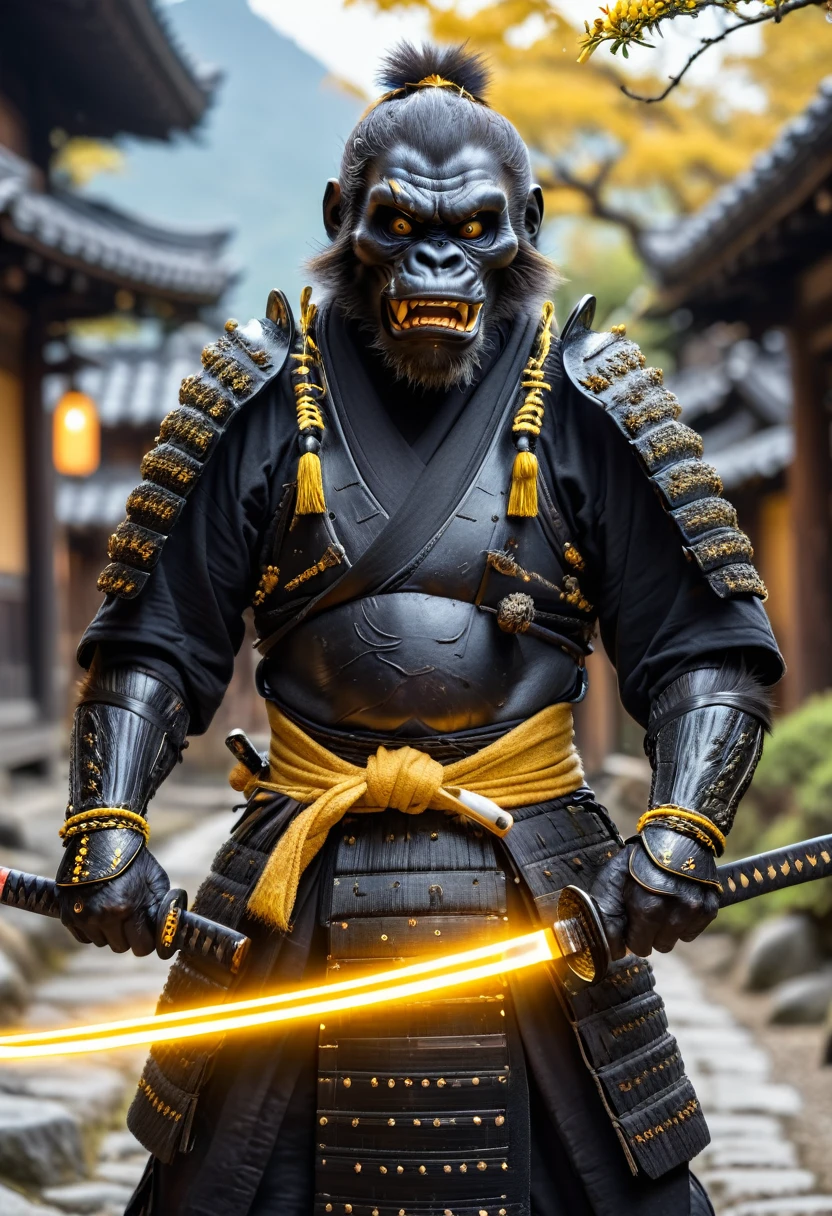 action photo, realistic digital photo, Angry anthropomorphic black ape samurai pulls out a glowing magic katana from the sheath, black with black wooden armor, Samurai Pearls, yellow daemon samurai mask, standing in an ancient Japanese village, ultra HD, 8K, insane details, 