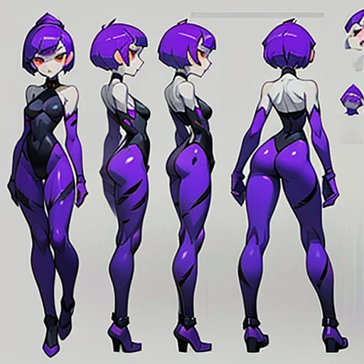 Slim woman with pronounced hips
And gray skin, with Short purple hair and bop style cut, small black lips, big red eyes in body paint , in various views (front and back) (full body) ((Character sheet))