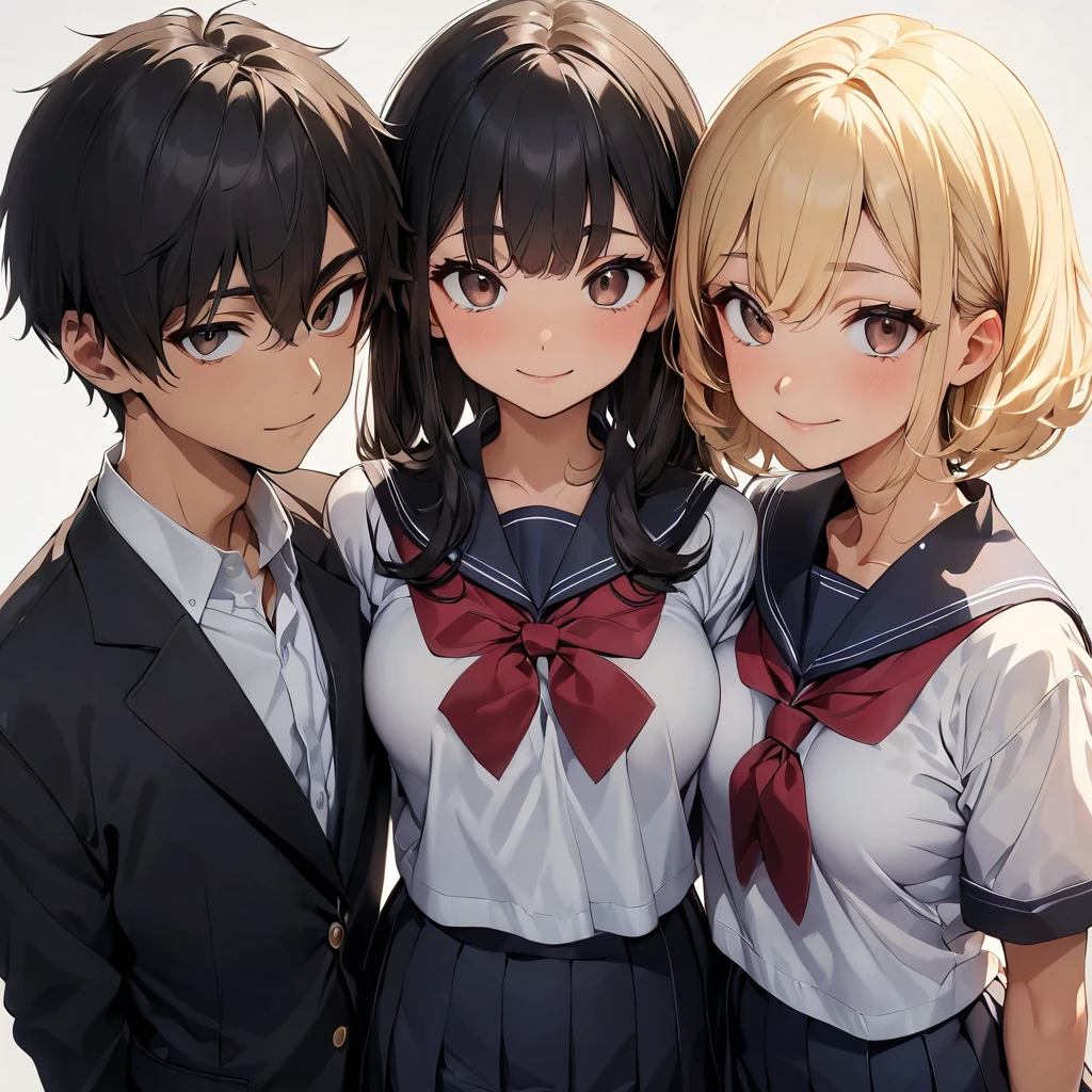 (highest quality:1.2, Very detailed, up to date, Vibrant, Ultra-high resolution, High Contrast, masterpiece:1.2, highest quality, Best aesthetics), anime, whole body, multiple people、(two girls and 1 boy:1.5), (two girls are standing on either side of the boy:1.2), they are 20-years-old, wearing high-school uniform, (one girl on the left ((Japanese, 20-years-old, Narrow space between the eyes, Big slant eyes, Small Nose, gold hair, Medium long wavy hair, tall, medium Breasts, sexy, slim, school uniform) and one boy in center (Japanese, 20-years-old, tall, slim, male,black hair,brown eyes) and one girl on the right (Japanese, 20-years-old, Narrow space between the eyes, Big slant eyes, Small Nose, black Hair, short cut, bob cut, medium Breasts, slim, school uniform)), (No background:1.4), ((Plain white background:1.3)), standing side by side apart, look at viewer