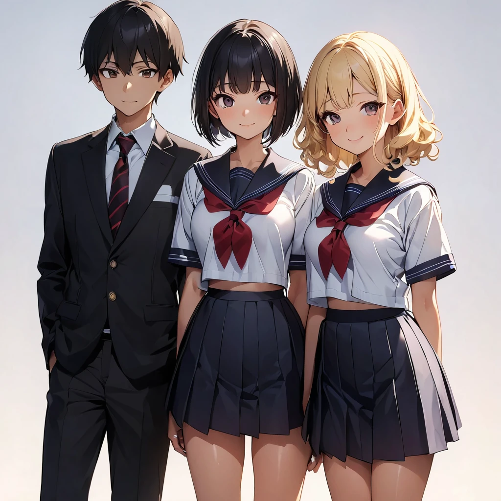 (highest quality:1.2, Very detailed, up to date, Vibrant, Ultra-high resolution, High Contrast, masterpiece:1.2, highest quality, Best aesthetics), anime, whole body, multiple people、(two girls and 1 boy:1.5), (two girls are standing on either side of the boy:1.2), they are 20-years-old, wearing high-school uniform, (one girl on the left ((Japanese, 20-years-old, Narrow space between the eyes, Big slant eyes, Small Nose, gold hair, Medium long wavy hair, tall, medium Breasts, sexy, slim, school uniform) and one boy in center (Japanese, 20-years-old, tall, slim, male,black hair,brown eyes) and one girl on the right (Japanese, 20-years-old, Narrow space between the eyes, Big slant eyes, Small Nose, black Hair, short cut, bob cut, medium Breasts, slim, school uniform)), (No background:1.4), ((Plain white background:1.3)), standing side by side apart, look at viewer
