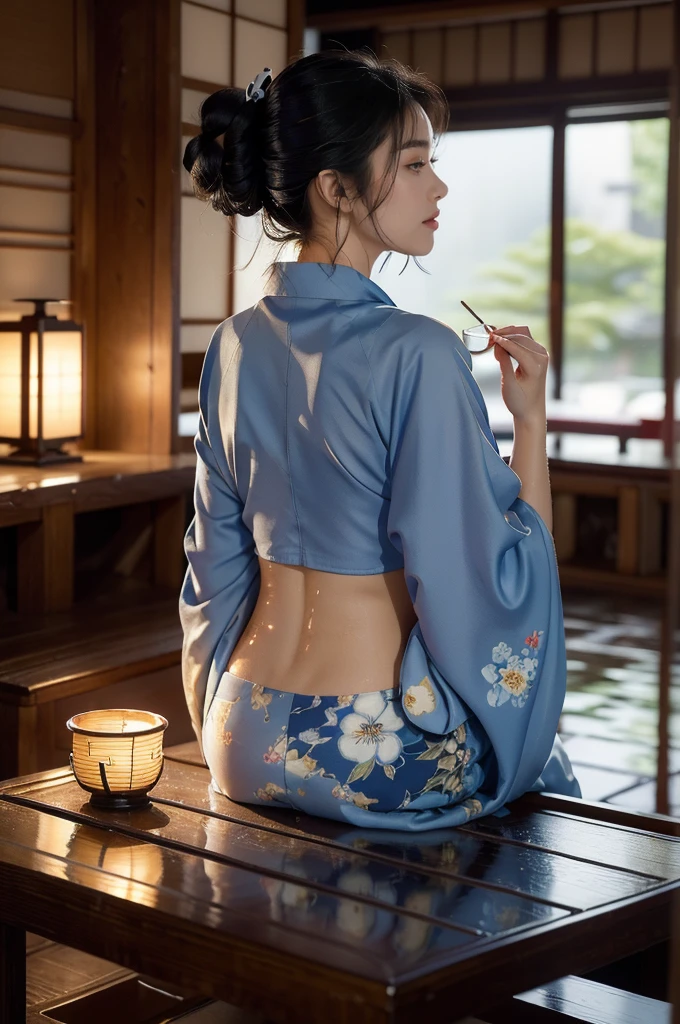 (((best quality))),(((ultra detailed))),(((masterpiece))),illustration,((1 beautiful Japannese girl,solo)),((slim,thin)),((bare back,towering hips,butt crack)),(in izakaya:1.3),(summer:1.2),(rainy:1.3),(indoor:1.2),(night scene:1.3),(wet:1.3),(collar:1.2),(blue floral kimono:1.3),neat bun,porcelain skin,rouge,dimly lit,warm glow,ethereal,(sitting beside the low table:1.3),sake bottle,half-empty glass,tray,grilled fish,steamed vegetables,half-eaten,melancholic smile,storm,solitude,enigmatic aura,tranquility,chaos,simplicity,mysterious,captivating,((from back,upper body))
