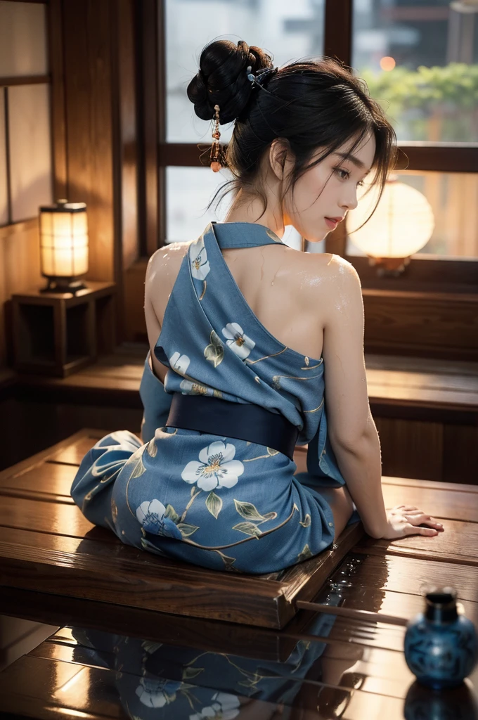 (((best quality))),(((ultra detailed))),(((masterpiece))),illustration,((1 beautiful Japannese girl,solo)),((slim,thin)),((bare back,towering hips,butt crack)),(in izakaya:1.3),(summer:1.2),(rainy:1.3),(indoor:1.2),(night scene:1.3),(wet:1.3),(collar:1.2),(blue floral kimono:1.3),neat bun,porcelain skin,rouge,dimly lit,warm glow,ethereal,(sitting beside the low table:1.3),sake bottle,half-empty glass,tray,grilled fish,steamed vegetables,half-eaten,melancholic smile,storm,solitude,enigmatic aura,tranquility,chaos,simplicity,mysterious,captivating,((from back,upper body))