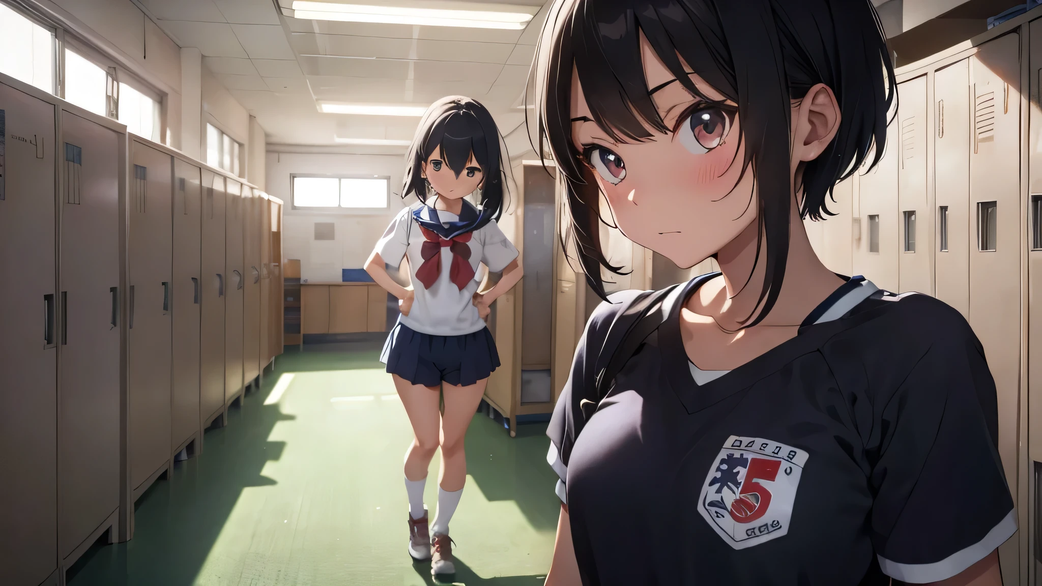 Best god quality, SOLO, solo girl, detailed, a highschool locker room, Japanese foot lockers, Japanese school, (((SOLO))), (girl standing in middle) 1girl, tomboy, short hair, black hair, bright eyes, eyelashes, sweating, school running uniform, running shorts, athletic spats, standing, looking at viewer, facing viewer, annoyed, blushing, hands in pockets, indoors
