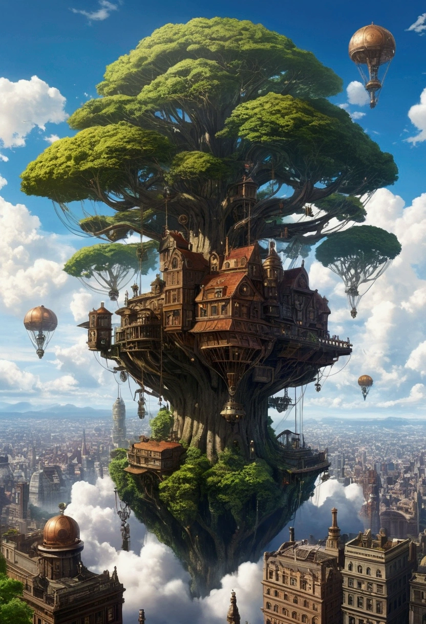 Imagine a sprawling city built on top of giant, ancient trees that pierce the clouds.  Anime characters with flowing clothes and steampunk-inspired gadgets could be soaring between the trees on fantastical flying creatures.