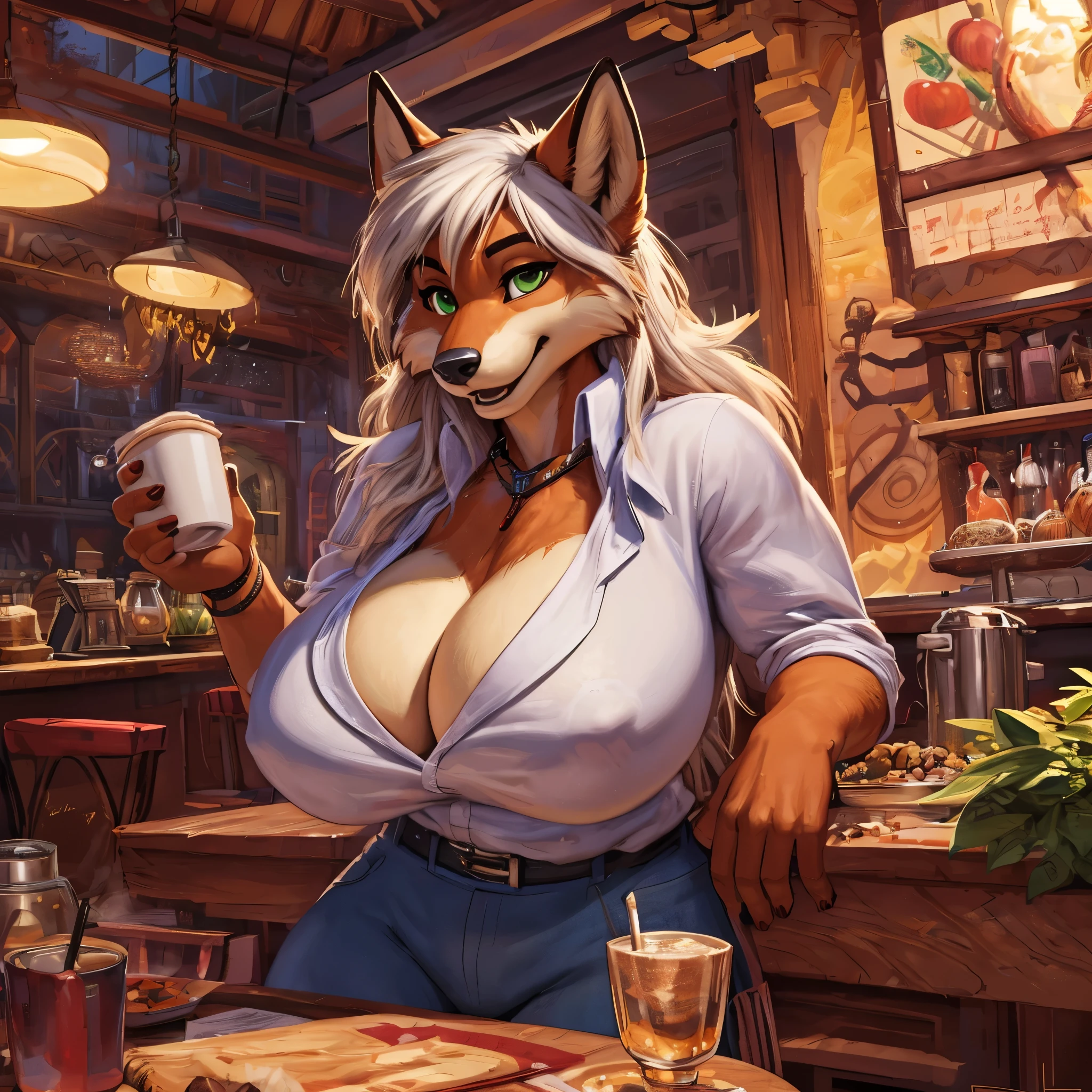 high resolution, (uploaded to e621.net), (masterpiece:1.4), (60 years old fox woman), gilf, white hair, orange fur, green eyes, high detail eyes, (white blouse and jeans:1.2), cleavage, (cafe), detailed backround, (huge breasts), (nipple outline:0.85), full body, by darkgem, by meesh, by boosterpang, by zaush,