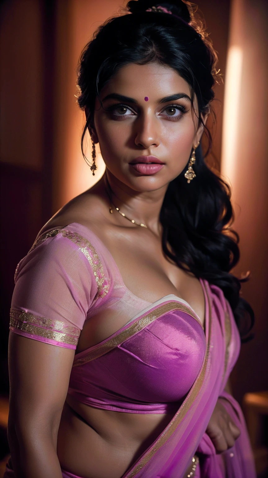 ((Indian milf, indian woman, milf)), (((ultra realistic))) Photo, Radhika chopra, masterpiece, top quality, (pale skin), (Ultra detailed face and eyes:1.2), 1 girl, Adult, ((in one size too small tight lingerie)), strapless bra, ((very heavy eye makeup, pink mascara)), ((fake detailed lips)), ((black wavy hair)), ((Stylish hairstyle)) , (({Enormous|Gigantic|Big|Huge|Mega|Fake} pushed-up breasts)), (very slim waist). ((very huge cleavage)), photoshoot, (Soft) Lighting, (The play of light and shadows), depth of field, bokeh, (special attention to skin detail: 1.2), (special attention to enormous breast size: 1.2), (((special attention to extra tight clothing size: 1.2))), Detailed texture, skin pores, oily skin. (Erotic atmosphere of the frame. Color range - purple, Pink, Tons), UDR, ((Film grain)), ((rays)), (Glare), ((upper body body)) , ultra detialed, ((Saree)), ((45 year old)), ((looking at camera))