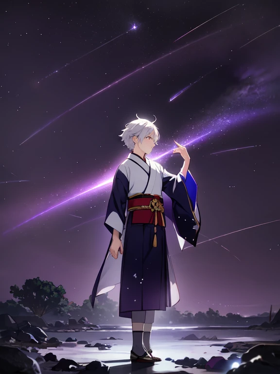 Japanese anime, Boy, One, Silver-white hair, white glass shards, crystallization, night sky, winter night, Starry sky, Shooting Star Crossing, One, silence, rendering, Best quality, masterpiece, whole body, Particle Lighting Effects, rendering