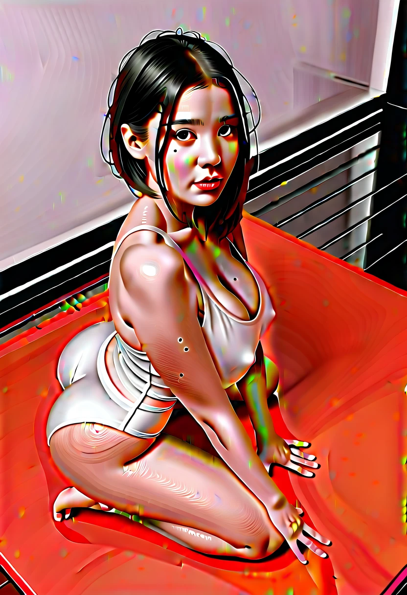 Full body, HD, 8k, hyper realistic, from above, fine eyes and lips beautiful young girl, an attractive Asian black haired , on her knees, feet tucked underneath butttting on shins, virasana, bare footed, black low cut sundress lots of cleavage expgantic breasts, busty, wet,oga studitt cheeks fat, spread open che heavy booty checks, round protruding buttocks cheeks, bubble butt, slim w