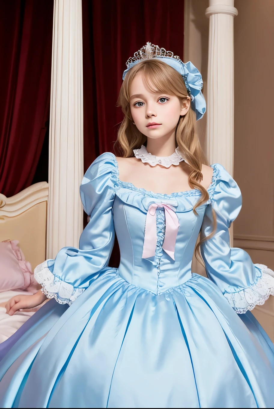 highest quality, masterpiece, highest resolution, artwork, super それにget used to it, many get used to it, get used to it, それにget used to it, 3k realistic pictures,,((12 year old little girls)),Ultra-detailed juvenile face,ultra-detailed beautiful little girls,girls are princess,full length ball gown dress with hoop skirt,ruffled yoke collar,puff sleeves,long sleeve,((Lolita style light blue detailed princess satin dress with lots of ruffles and ribbons)),Rococo style lolita fashion,shiny satin dress,Soft and smooth fabric,detailed princess dress,luxury,long blonde hair,blue eyes,white skin european,Pajama,((in the bedroom of the palace)),luxury princess canopy king size pink bed,shiny satin sheets,ultra-detailed princess bed,High-quality background,lot of frilled pillows,on the bed,