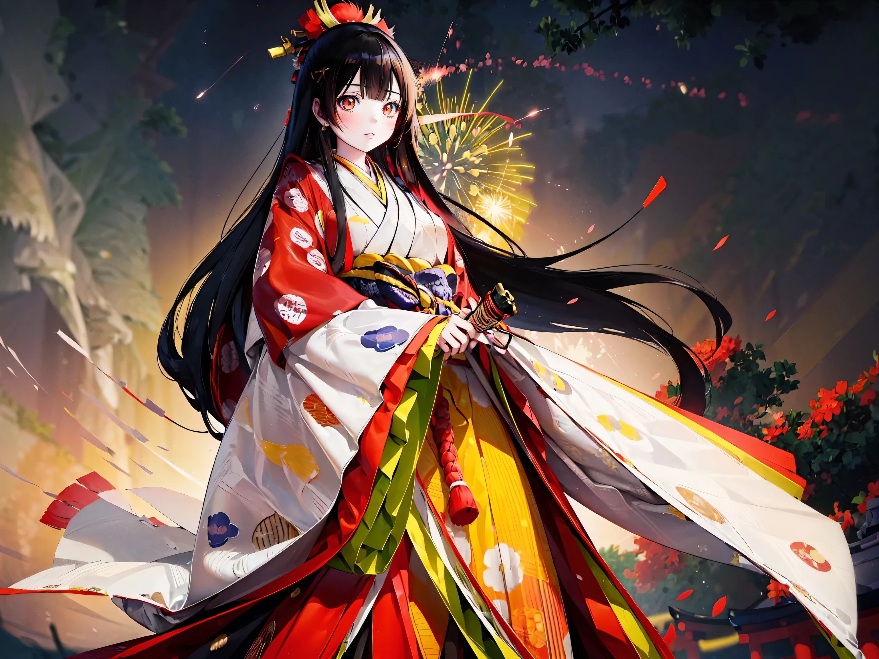 (solo japanese girl:1.3), (Straight long hair, Shiny and glossy black hair:1.3), Karaginu jacket, Long hakama, The cuffs and chest of the five-piece garment, Wearing Imperial Kimono, Imperial Patterns, (huge breasts), (from front), (cowboy shot), (looking up, from below:1.3), ((firework, in night sky:1.3)), ((Superbly detailed drawing, ultra detailed, exquisite quality, absolutely resolution)), (moe animation art style:1.5)