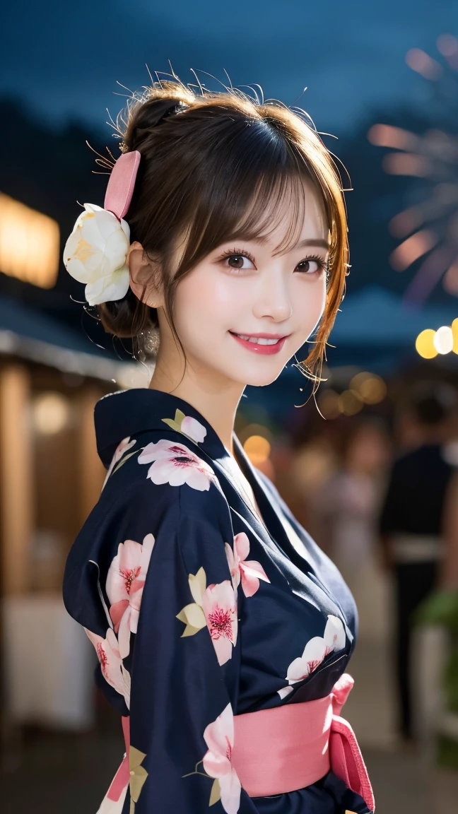 (((The background is the night sky、Fireworks are going up in the sky)))、(((Hair tied up with a flower hair ornament、Cute ribbon obi)))Summer festival food stalls , Highest quality, shape, Very detailed, In detail, High resolution, 8k wallpaper, Perfect dynamic composition, Beautiful details, Natural Lip, (((see-through yukata,Transparent pink yukata))), Large Breasts, Cleavage, She is smiling in a cute pose.., A masterpiece of the whole body, Full Body Shot